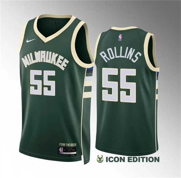 Men's Milwaukee Bucks #55 Ryan Rollins Green Icon Edition Stitched Basketball Jersey Dzhi